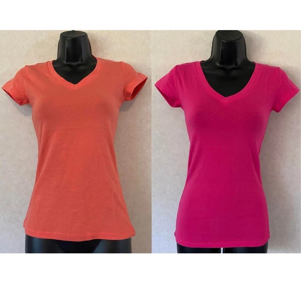 2 Women's V-Neck Short Sleeve Tee Basic Top T-shirt, Pink & Coral, SMALL